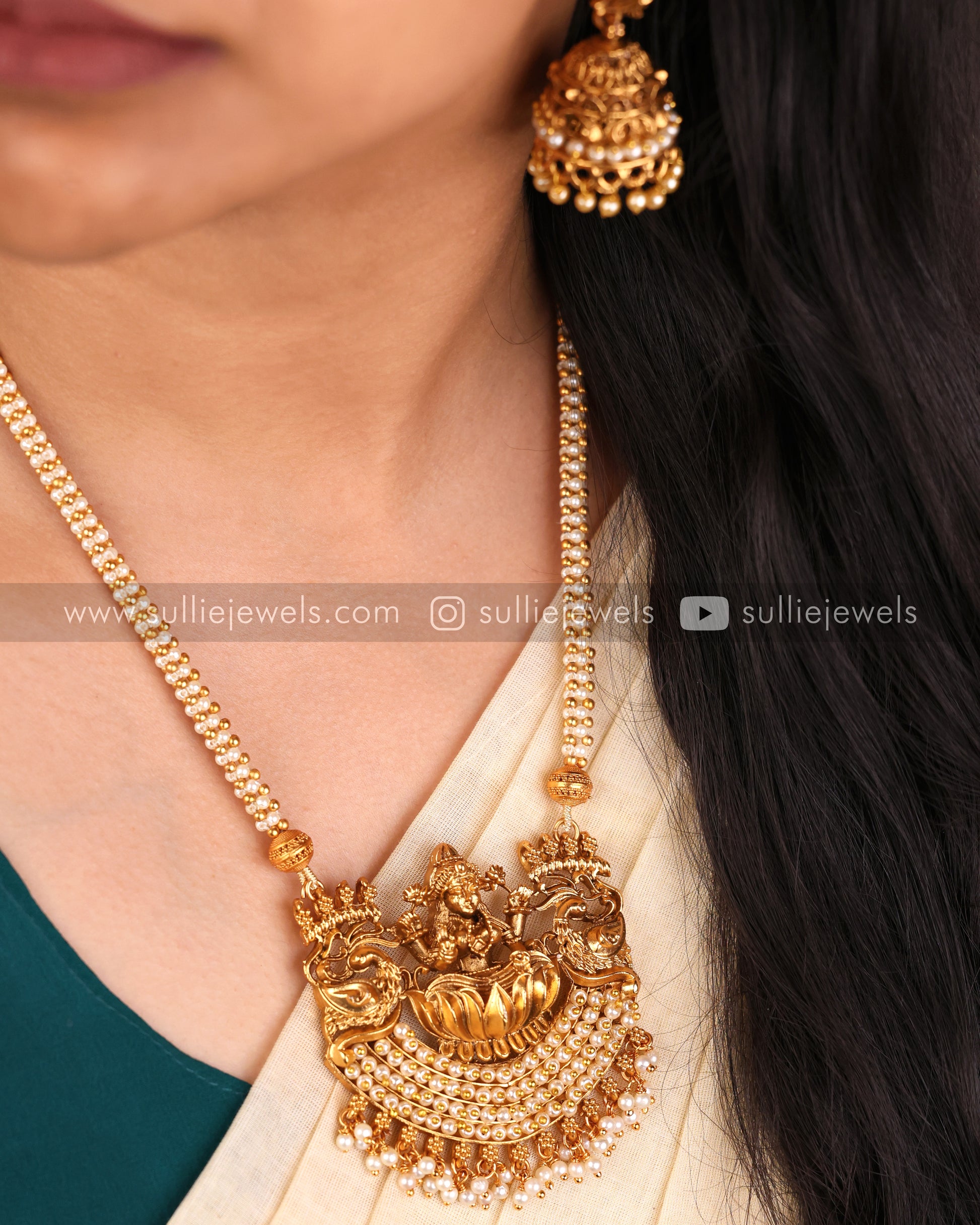 Long Pearl Pendant Designs Lakshmi Gold Pearl Pendant Set