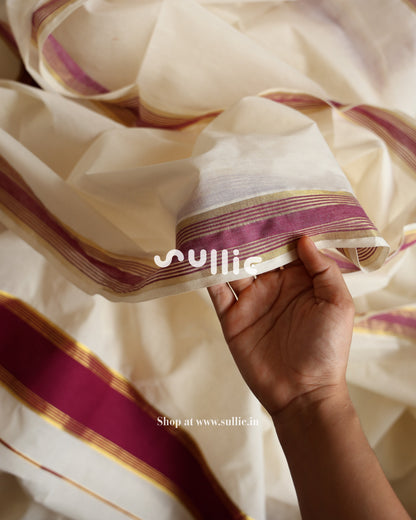 Kerala Kasavu Cotton Saree with Contrast Border | Onam Saree | Black - Pink - Blue
