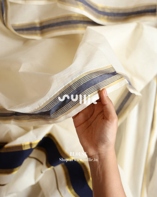 Kerala Kasavu Cotton Saree with Navy Blue Border | Onam Saree