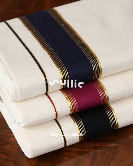 Kerala Kasavu Cotton Saree with Contrast Border | Onam Saree | Black - Pink - Blue