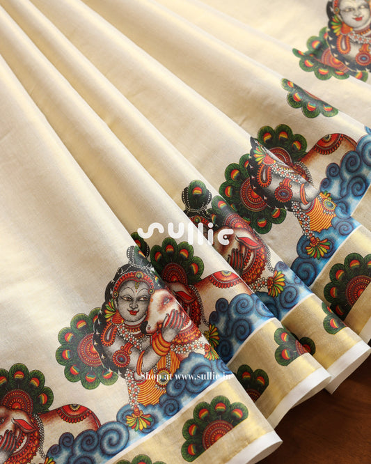 Divine Embrace - Kerala Tissue Saree with Krishna-Calf Mural | Onam Saree