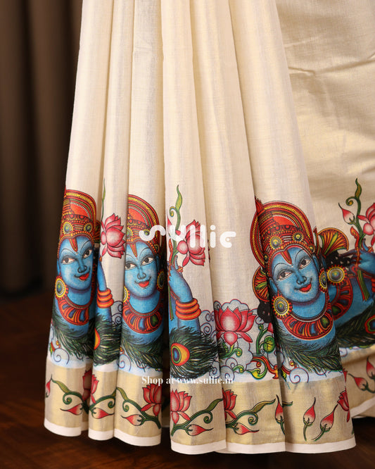 Krishna in Bloom – Kerala Tissue Kasavu Saree with Lotus Mural | Onam Saree