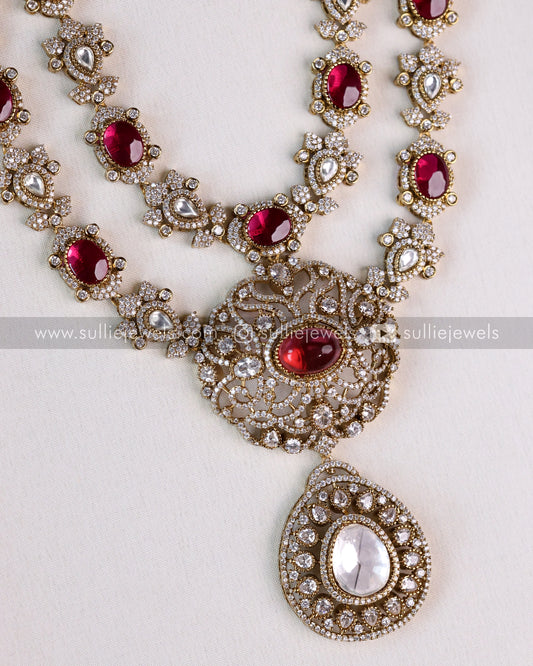 Two Layer Victorian Emerlad Polki Longchain / Haaram with Earrings - Ruby