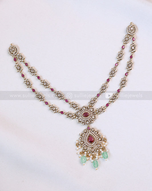 3658 - Floral Two Layered Victorian Necklace with Studs - Mint Green