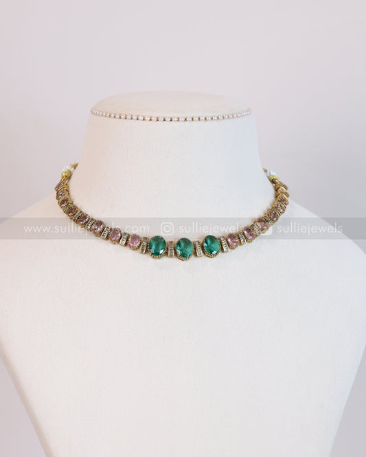 3707 - Pastel Pink & Green Victorian Necklace with Stud