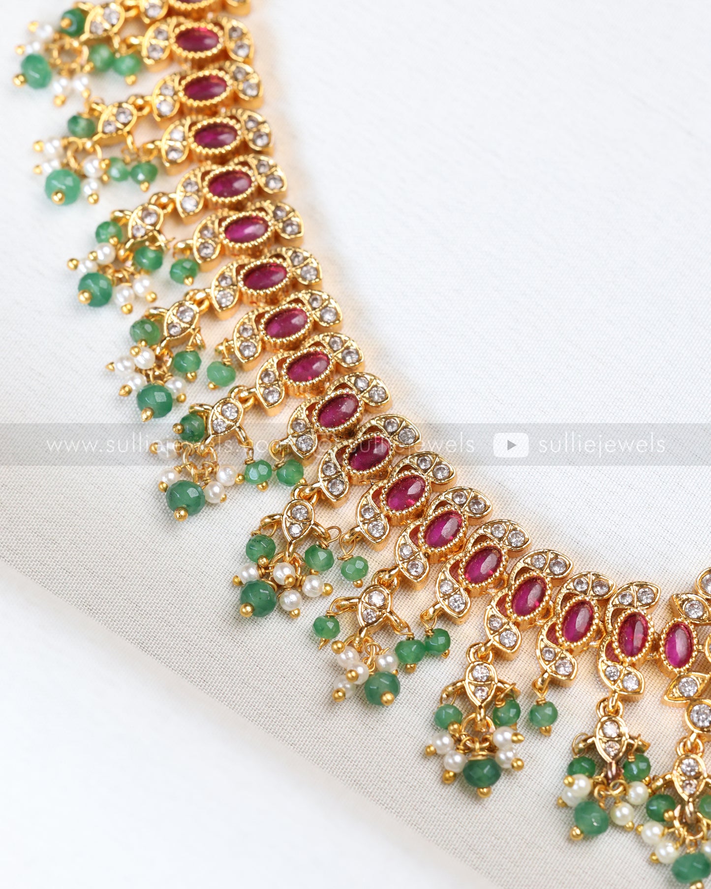 3911 - Premium AD Ruby Stone Pearl & Mint Beads Necklace with Earring
