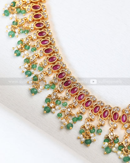 3911 - Premium AD Ruby Stone Pearl & Mint Beads Necklace with Earring
