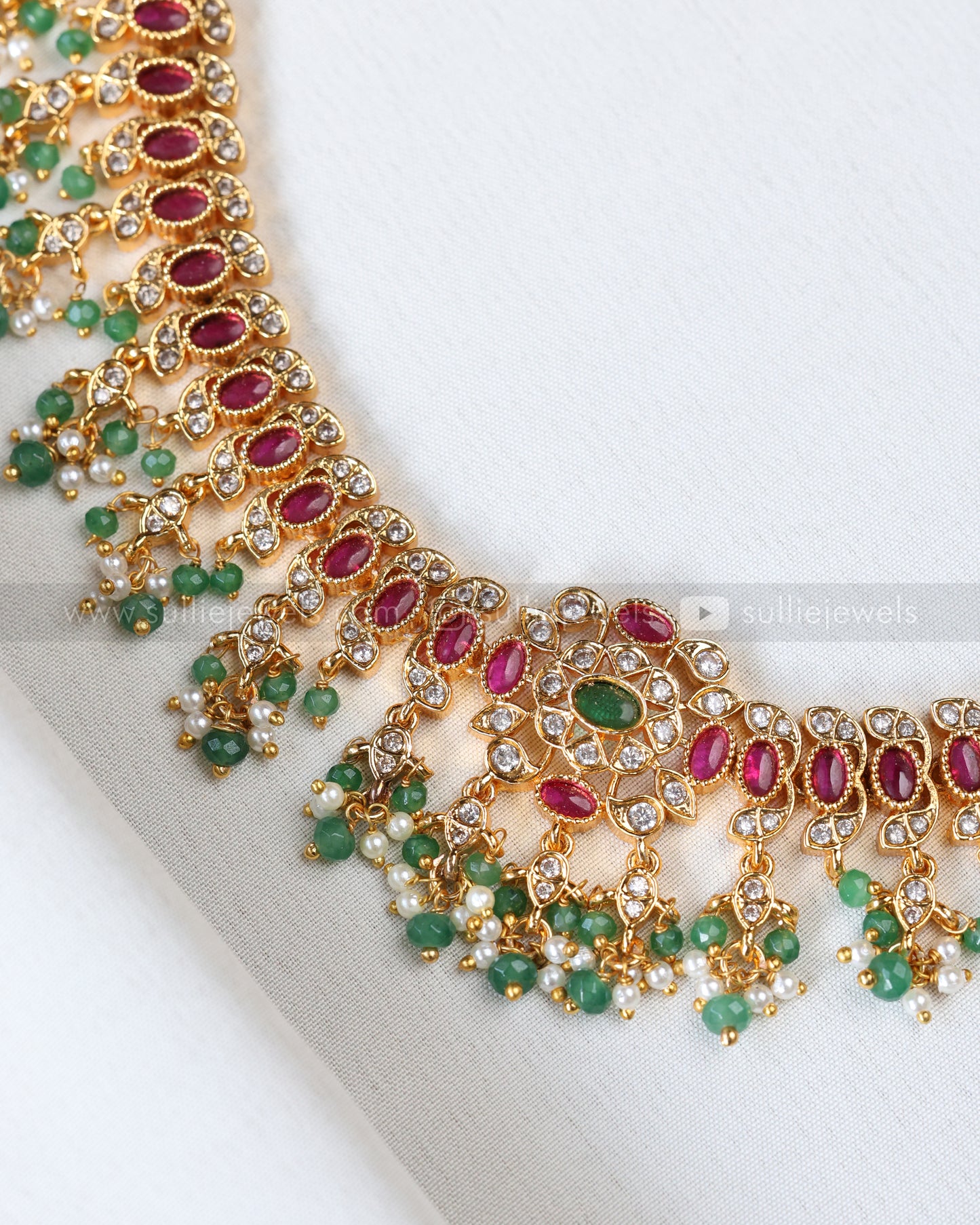 3911 - Premium AD Ruby Stone Pearl & Mint Beads Necklace with Earring