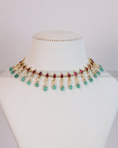 3709 - Jadau Kemp Pearl & Mint Beads Necklace with Earring