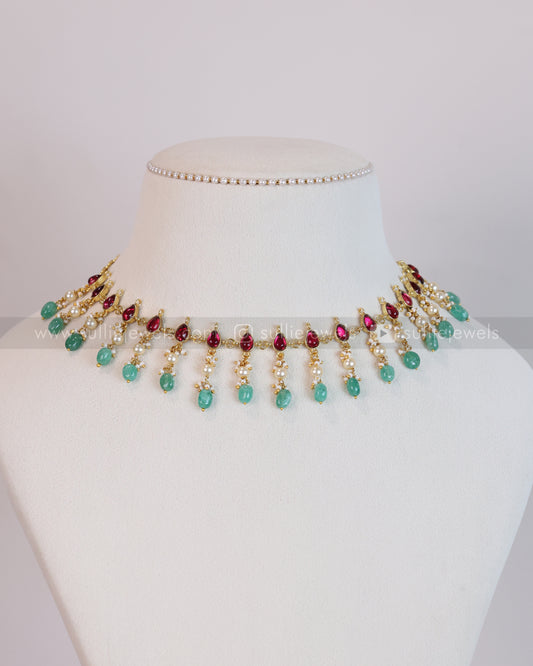 3709 - Jadau Kemp Pearl & Mint Beads Necklace with Earring