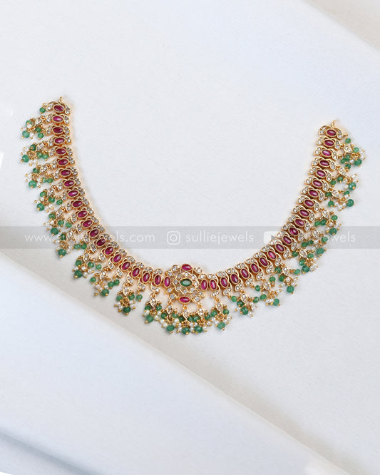 3911 - Premium AD Ruby Stone Pearl & Mint Beads Necklace with Earring