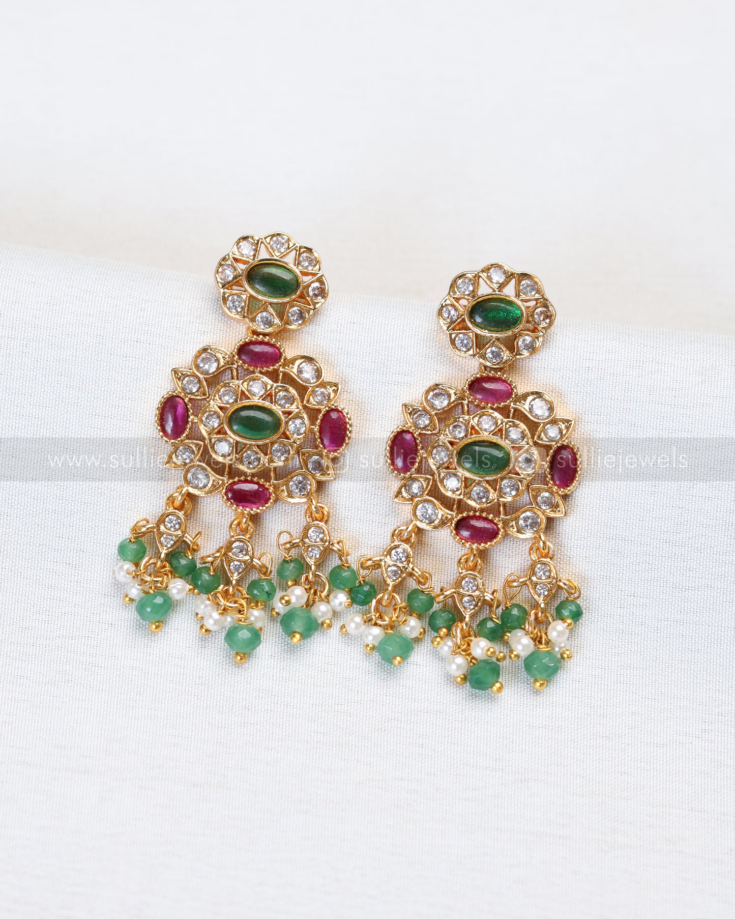 3911 - Premium AD Ruby Stone Pearl & Mint Beads Necklace with Earring