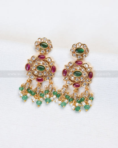 3911 - Premium AD Ruby Stone Pearl & Mint Beads Necklace with Earring