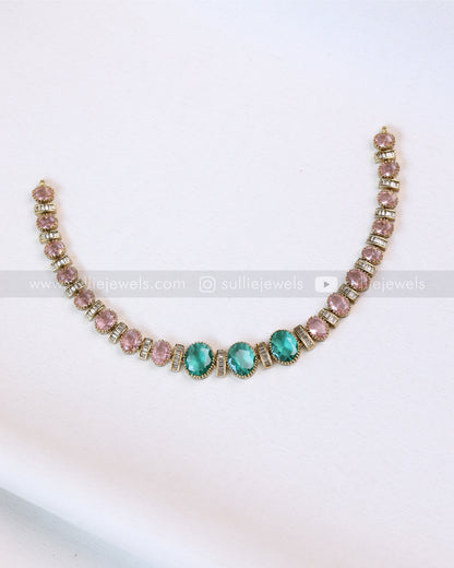 3707 - Pastel Pink & Green Victorian Necklace with Stud