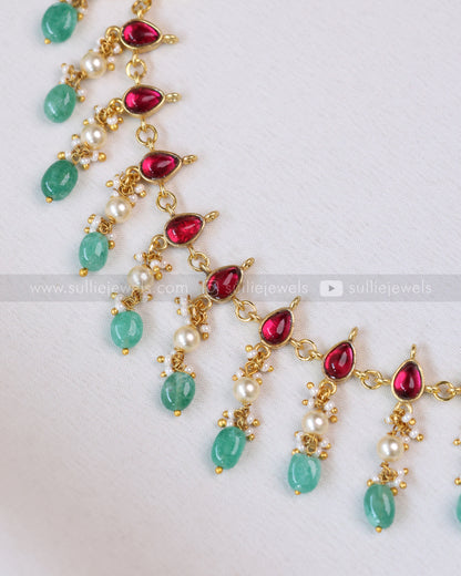 3709 - Jadau Kemp Pearl & Mint Beads Necklace with Earring