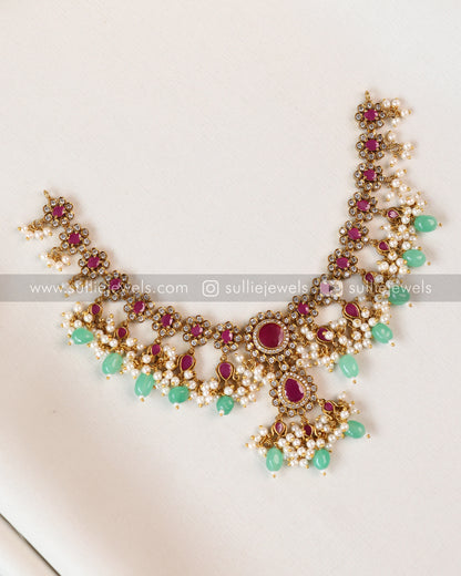 Floral Premium Ruby & White Stone Necklace with Mint beads