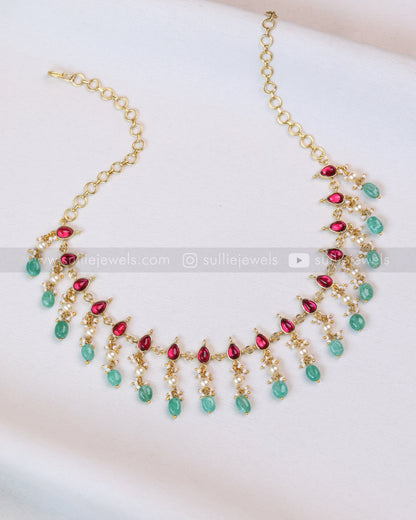 3709 - Jadau Kemp Pearl & Mint Beads Necklace with Earring