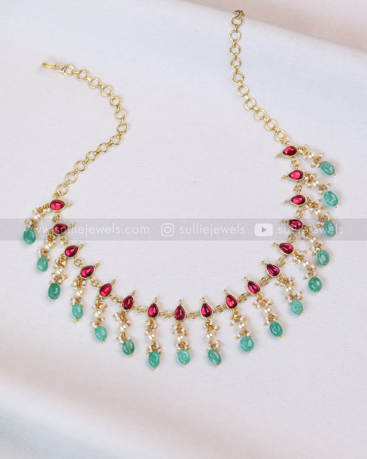 3709 - Jadau Kemp Pearl & Mint Beads Necklace with Earring