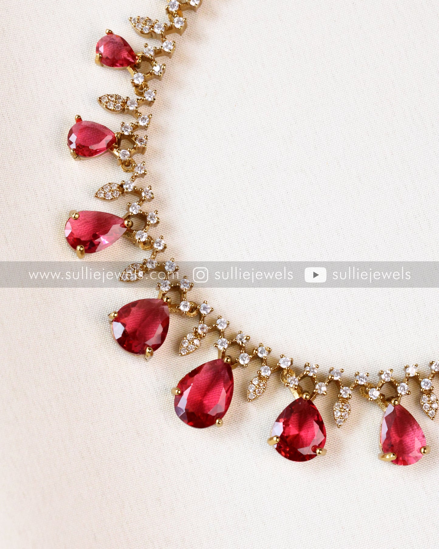 Raindrop Premium Stone Necklace with Earring - Ruby
