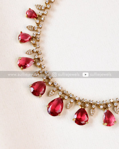 Raindrop Premium Stone Necklace with Earring - Ruby