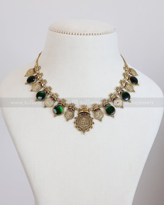 3885 - Antique Gold Coin Emerald Green Stone Necklace Chain