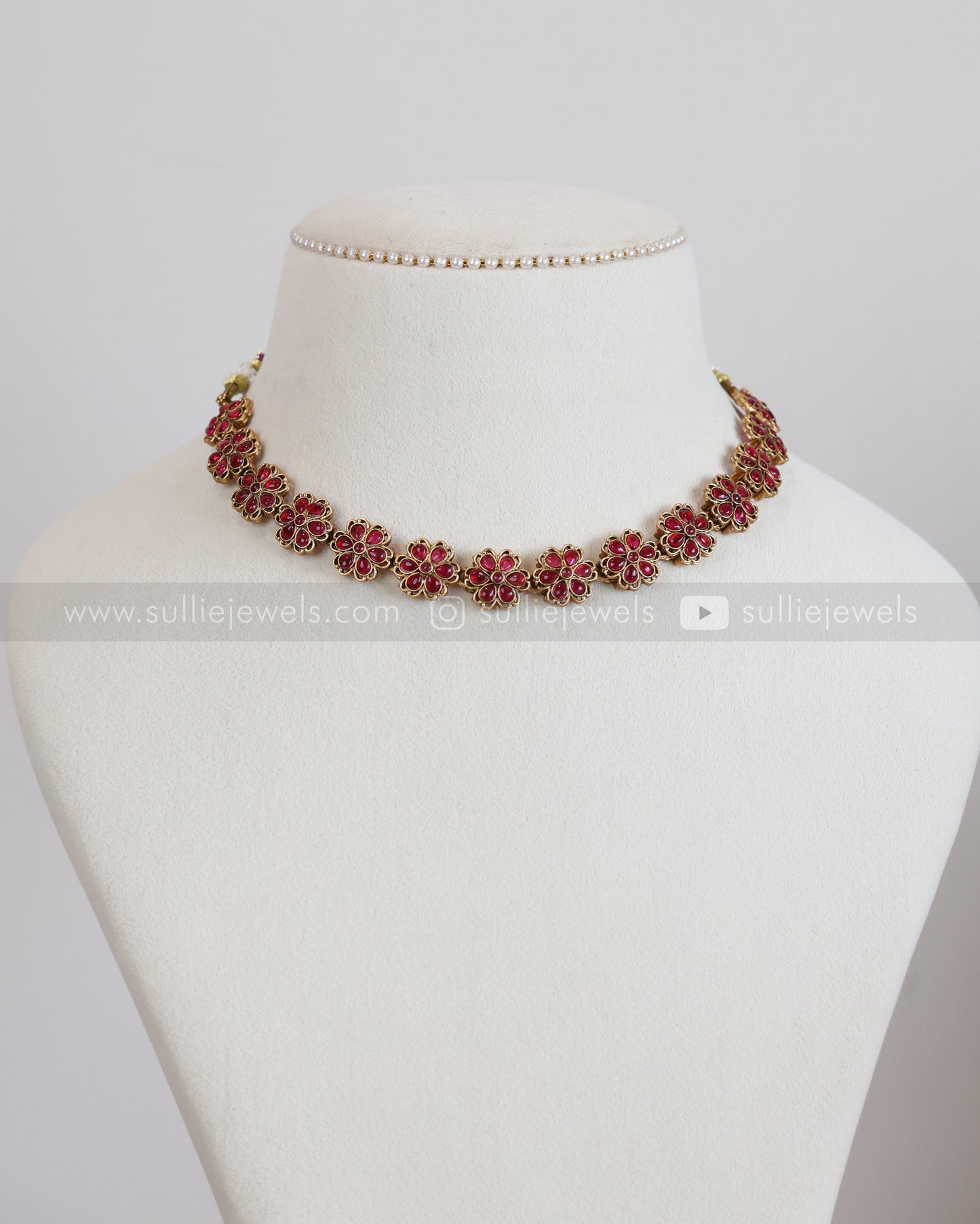 3881 - Ruby Stone Flower Necklace with Jhumka