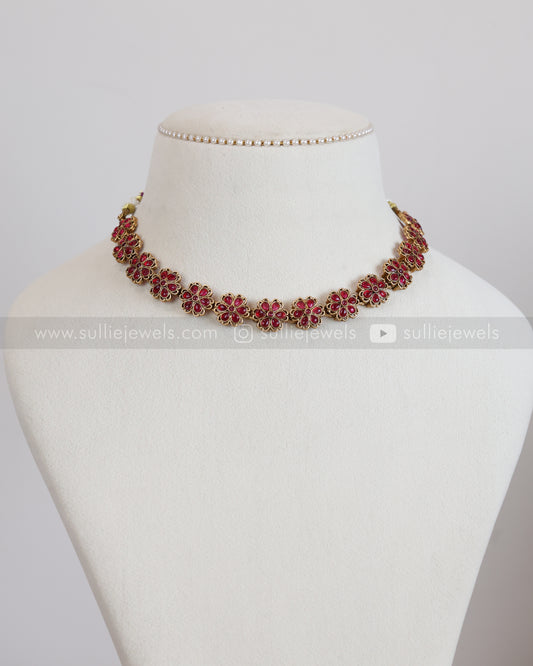 3881 - Ruby Stone Flower Necklace with Jhumka