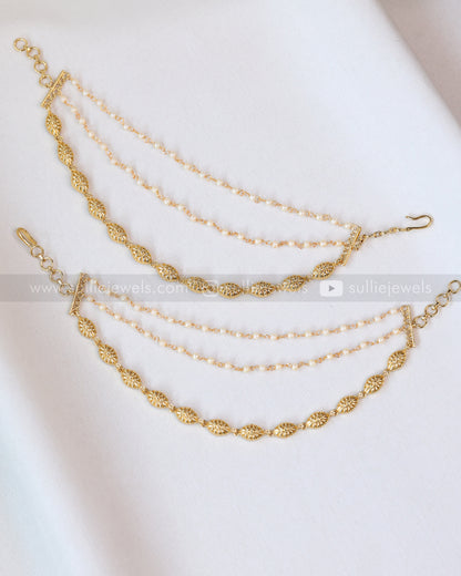 092 - Pearl & Gold 3 Layer Earchain / Maatti