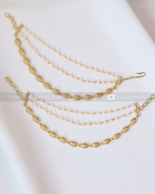 092 - Pearl & Gold 3 Layer Earchain / Maatti