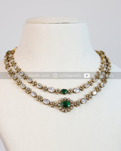 Floral Green Two layered Victorian Necklace with Studs
