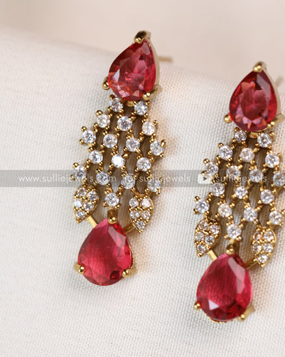 Raindrop Premium Stone Necklace with Earring - Ruby