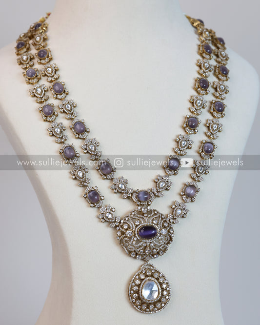 Two Layer Victorian Emerlad Polki Longchain / Haaram with Earrings - Violet