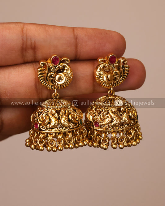 Peacock Jhumka with Gold Beads