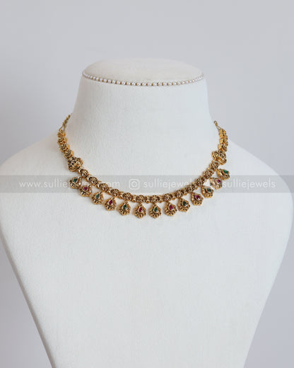 3907 - Lakshmi Gold Floral Hanging Necklace with Stud