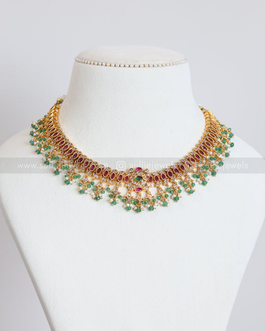 3911 - Premium AD Ruby Stone Pearl & Mint Beads Necklace with Earring