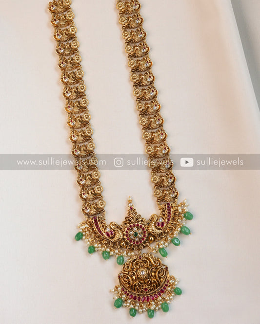 No Idol Premium Antique Peacock Long Chain/Haaram with Jhumka - Mint Beads