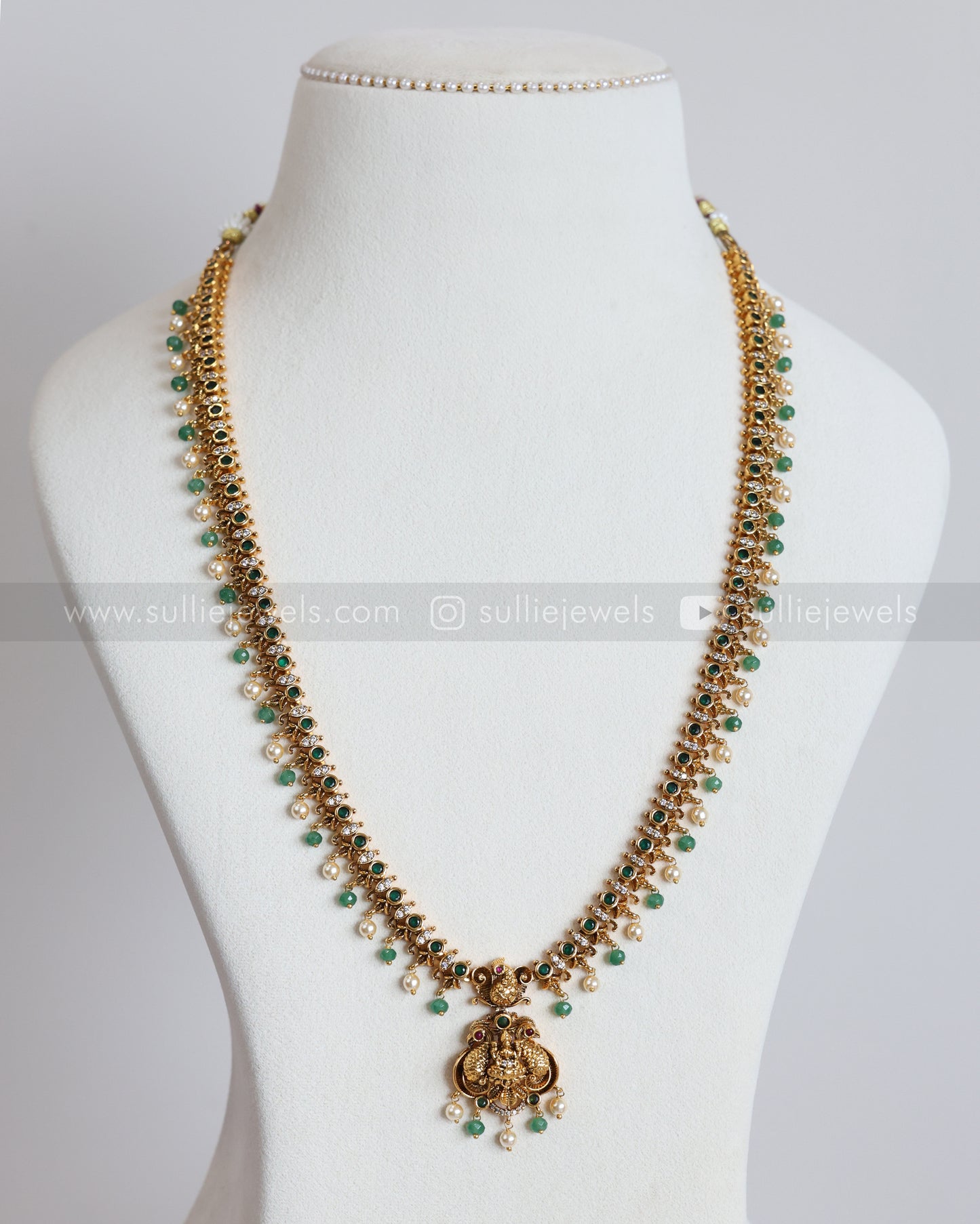 7213 - Minimal Green Stone Gold Peacock Long Chain with Stud