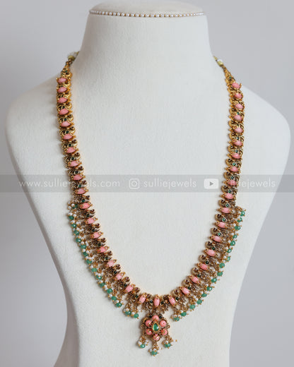 7211 - Peacock Peach Guttapusalu Haram with Mint beads and Earrings