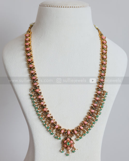 7211 - Peacock Peach Guttapusalu Haram with Mint beads and Earrings