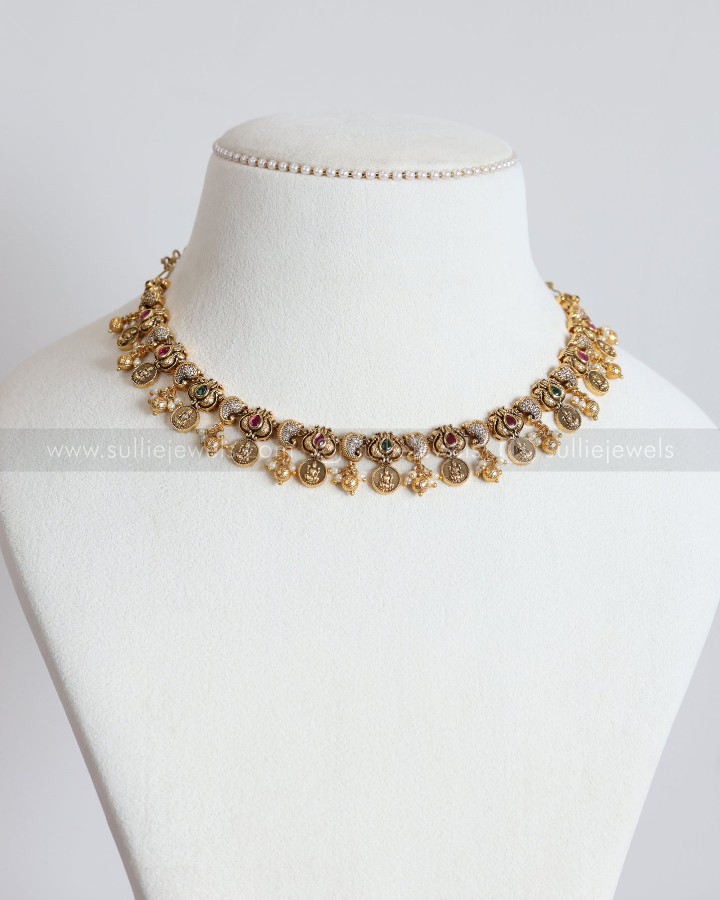 3900 - AD Stone Lakshmi Coin Mango Necklace with Studs