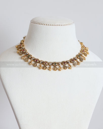 3900 - AD Stone Lakshmi Coin Mango Necklace with Studs
