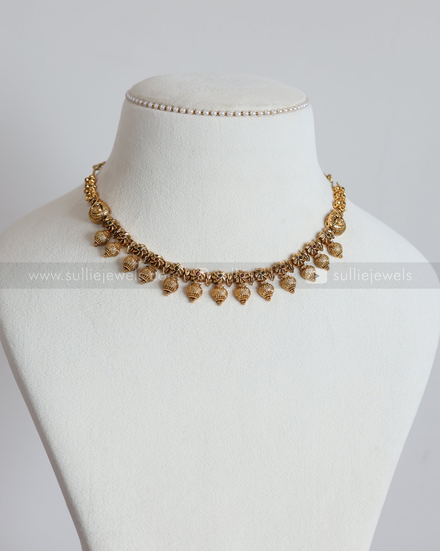 3905 - No Idol Gold Beads Floral Necklace with Jhumka