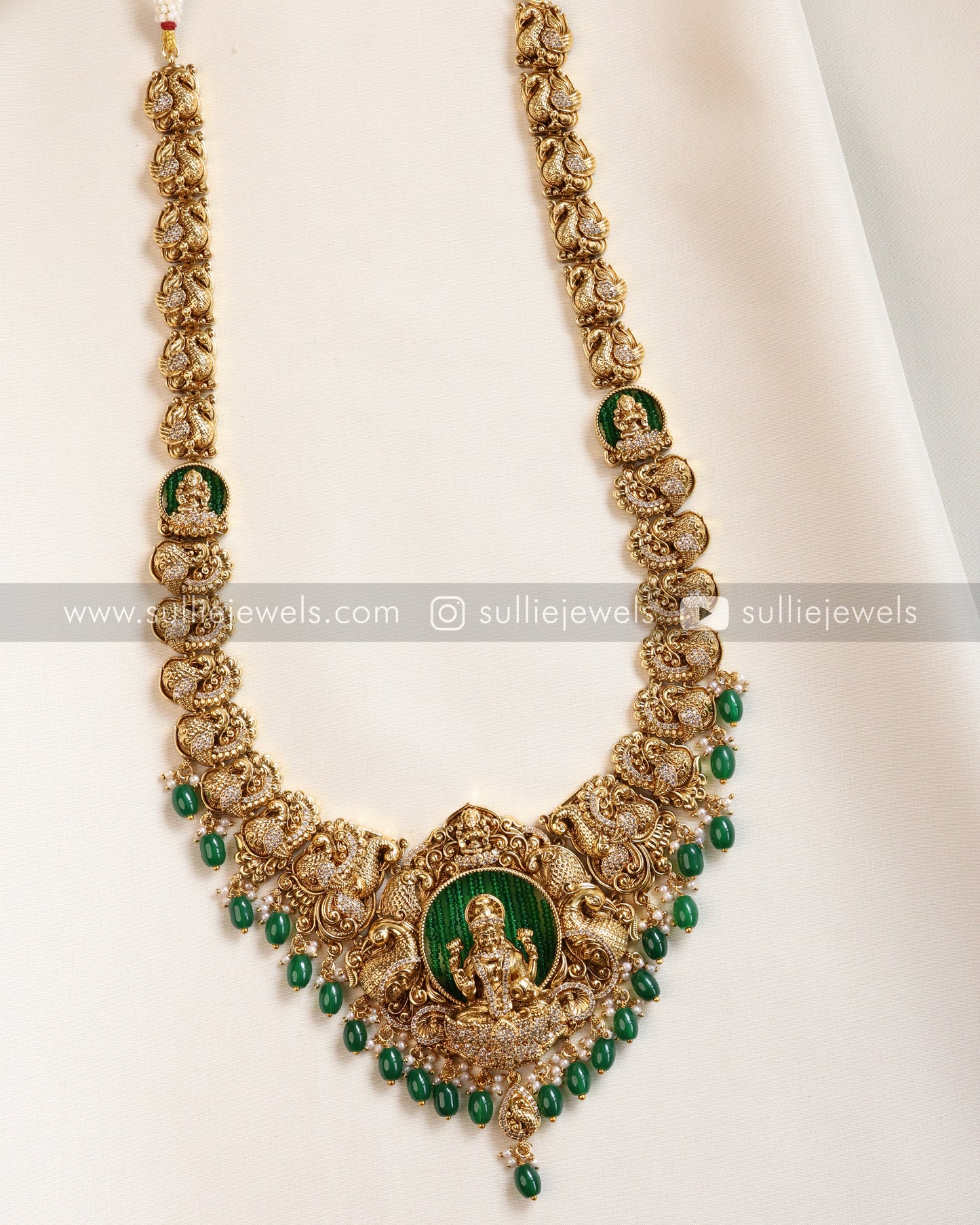 Goddess Premium Designer Long Chain/Haaram with Earring - Green Beads