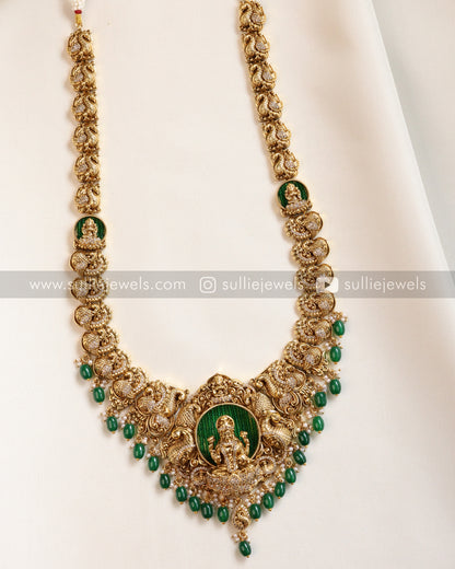 Goddess Premium Designer Long Chain/Haaram with Earring - Green Beads
