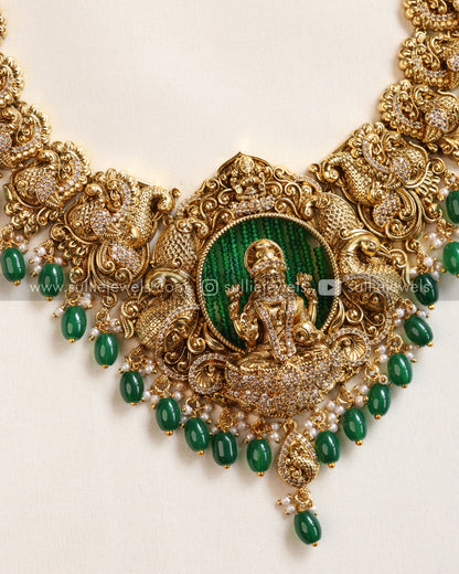 Goddess Premium Designer Long Chain/Haaram with Earring - Green Beads