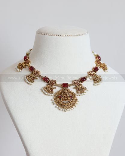 3914 - Sullie Basic Elephant Red Stone Lakshmi Necklace with Earring