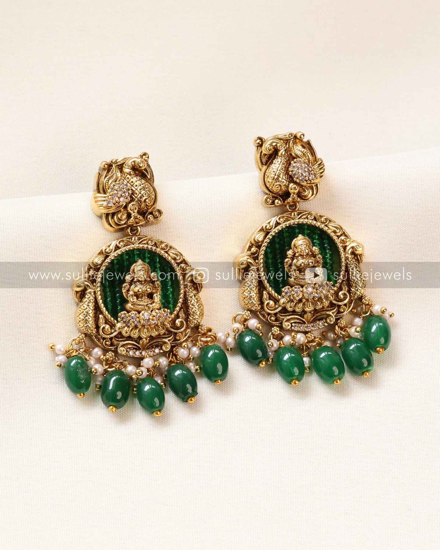 Goddess Premium Designer Long Chain/Haaram with Earring - Green Beads