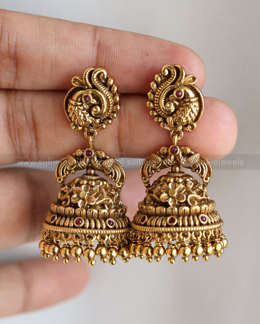 E1199 - Premium Antique Gold Peacock Jhumka