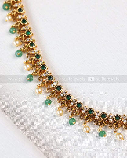 7213 - Minimal Green Stone Gold Peacock Long Chain with Stud