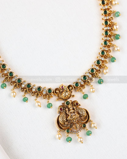 7213 - Minimal Green Stone Gold Peacock Long Chain with Stud